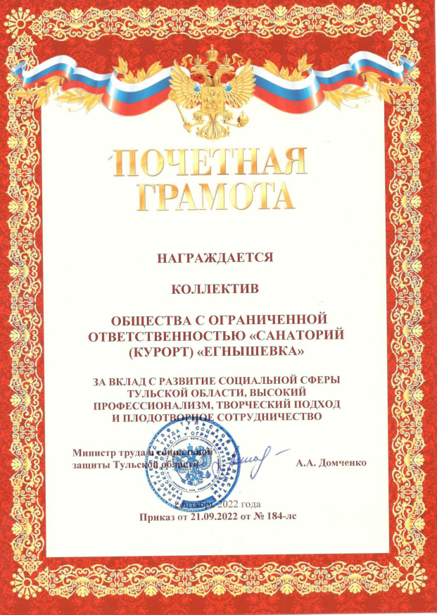 Грамота Министерства Труда и социальной защиты  Тульской области